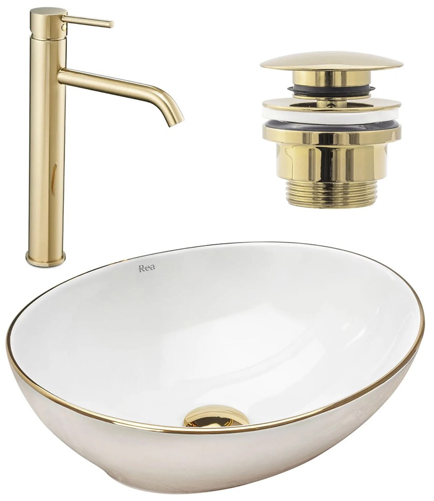 készlet Pultos mosdó Sofia gold edge + Fürdőszobai csaptelep Lungo gold + Dugó gold