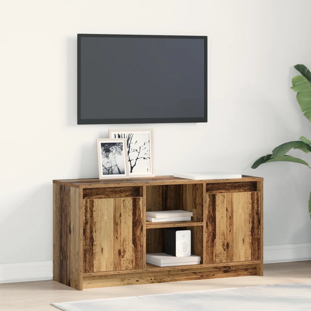 TV Szekrény LED Fényekkel - Régi Fa, 100x34x50 cm-es Műanyag Állványon.