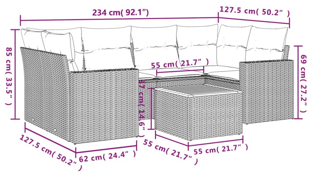 7 részes fekete polyrattan kerti ülőgarnitúra párnával