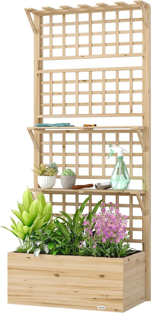 Outsunny emelt fenyő virágláda hálóval és tetővel — nagy kültéri fenyőláda kúszónövényeknek, 2 polc, vízelvezetés és betét, 76 x 43,5 x 177 cm, natúr