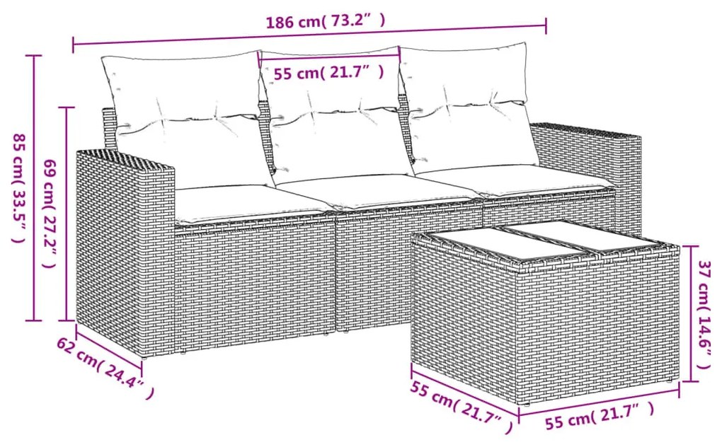 4 részes világosszürke polyrattan kerti ülőgarnitúra párnákkal