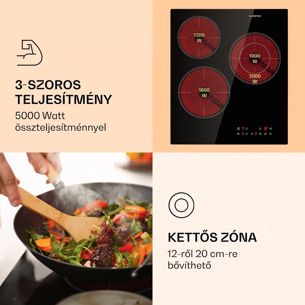 Klarstein Virtuosa 3 Slim, főzőlap, 5000 W, 3 zóna, Dualzone, időzítő, kerámia