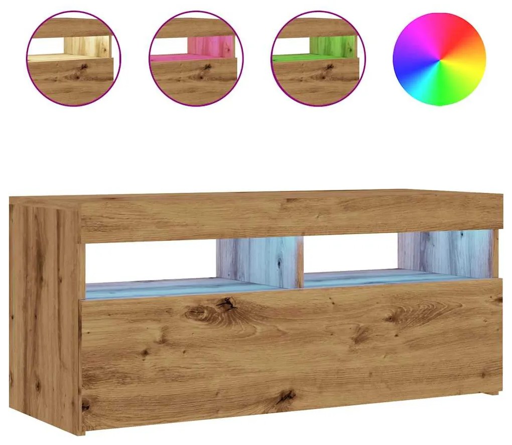 kézműves tölgy szerelt fa TV-szekrény LED-ekkel 90x35x40 cm
