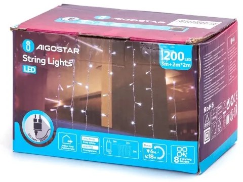 Aigostar - LED kültéri karácsonyi fényfüzér 200xLED/8 funkciós 5x2m IP44 hideg fehér