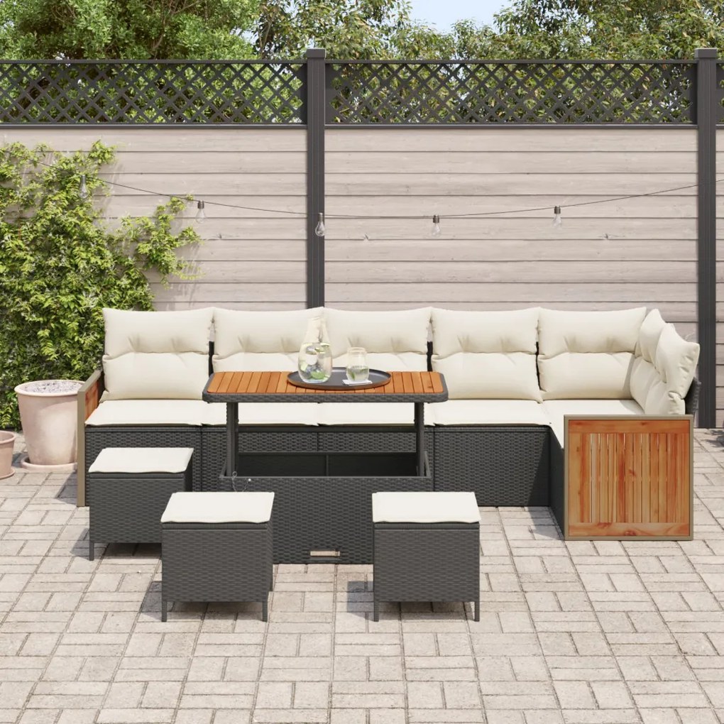 9 részes Kerti Kanapé Készlet Párnákkal Fekete Poly Rattan, 2-személyes Kerti Kanapé Párnákkal Fekete Poly Rattan, 3 részes Kerti Étkező Készlet Párnákkal Fekete Poly Rattan
