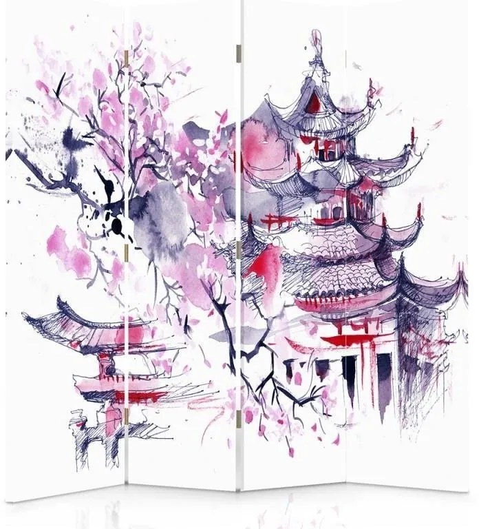 Gario Paraván Japán pagoda és cseresznyevirág Méret: 145 x 170 cm, Kivitelezés: Klasszikus paraván