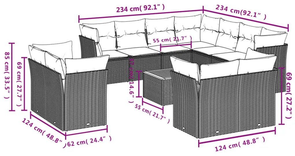 12 részes fekete polyrattan kerti ülőgarnitúra párnákkal