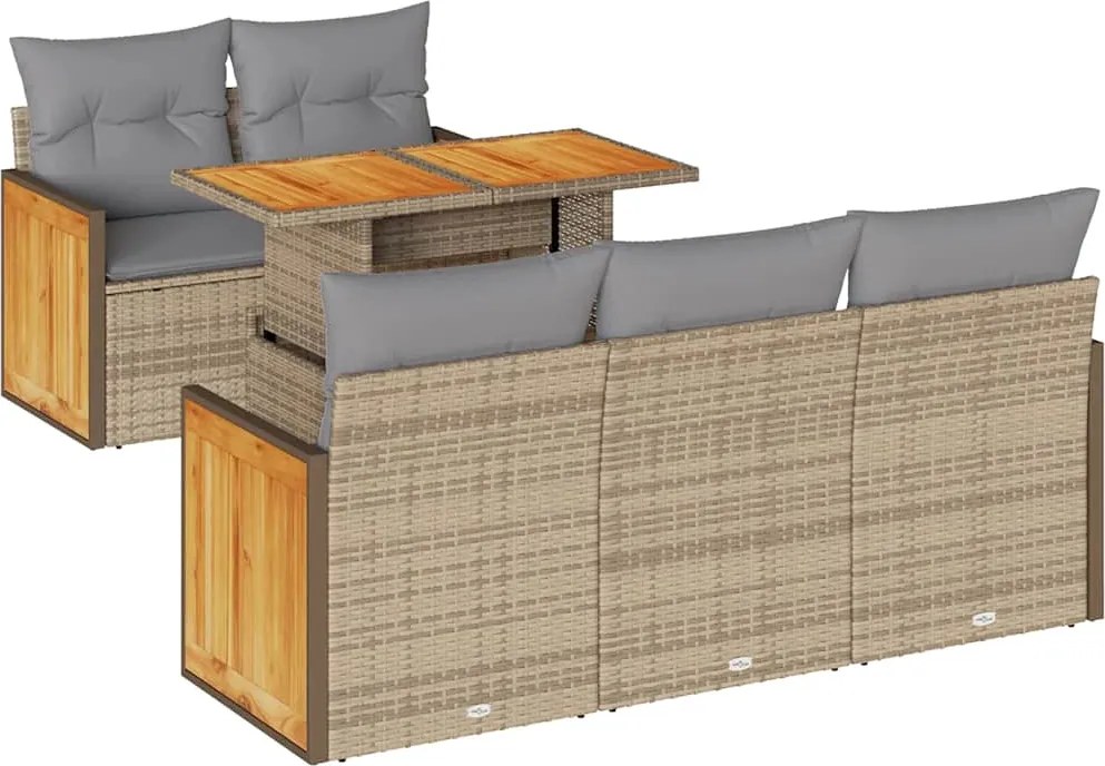 vidaXL 6 részes bézs polyrattan akácfa kerti ülőgarnitúra párnával