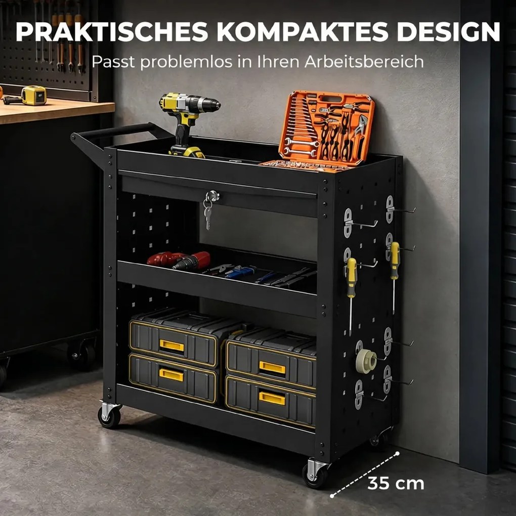 HOMCOM Szerszámos kocsi zárható kerekekkel, gördülő műhelykocsi 3 szinttel, fiókos és peg-fedeles, fekete