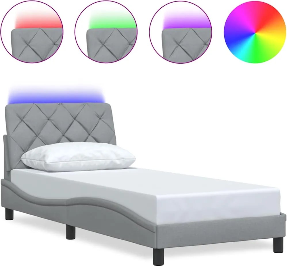 vidaXL világosszürke szövet ágykeret LED-ekkel matrac nélkül 90x190 cm