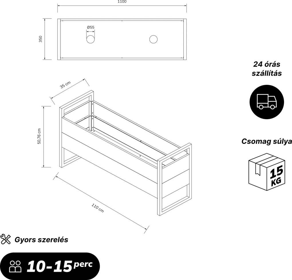 Alacsony fém virágcserép-burkolat, üvegzöld-antracit, 1000x430x380 mm: MARGARET