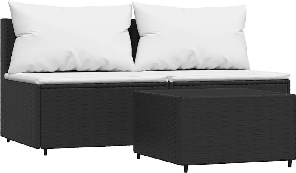 vidaXL 3 részes fekete polyrattan kerti ülőgarnitúra párnákkal