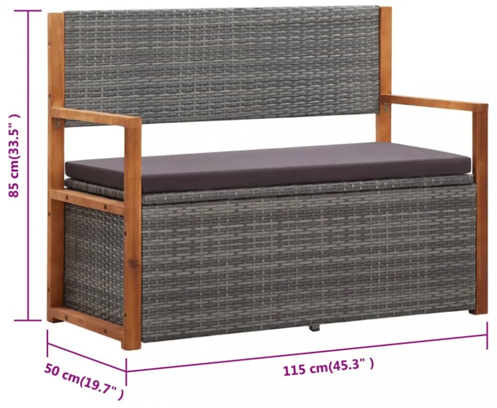 szürke polyrattan és tömör akácfa tárolópad 115 cm