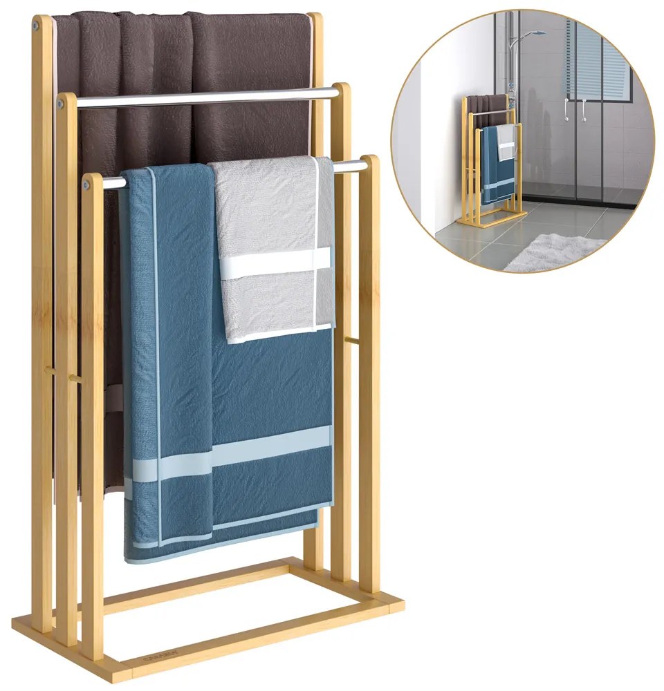 RUBBY bambusz törölközőtartó fém rudakkal, 46x24x84cm, barna/ezüst Casaria