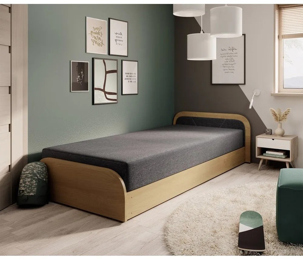 Okkersárga-sötétszürke kárpitozott-forgácslemez ágyneműtartós egyszemélyes ágy matraccal 80x190 cm Parys – ELTAP