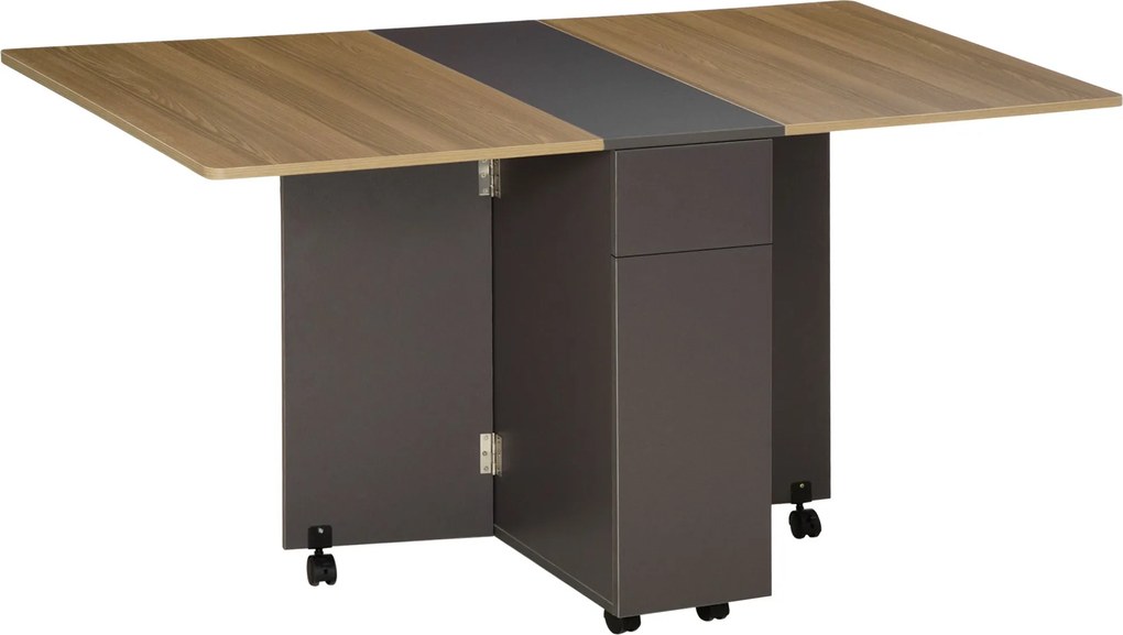 HOMCOM Összecsukható étkezőasztal kerekeken tárolóval, 2 fiókkal és 1 szekrénnyel, 76 x 140 x 74 cm, szürke és natúr fa | Aosom