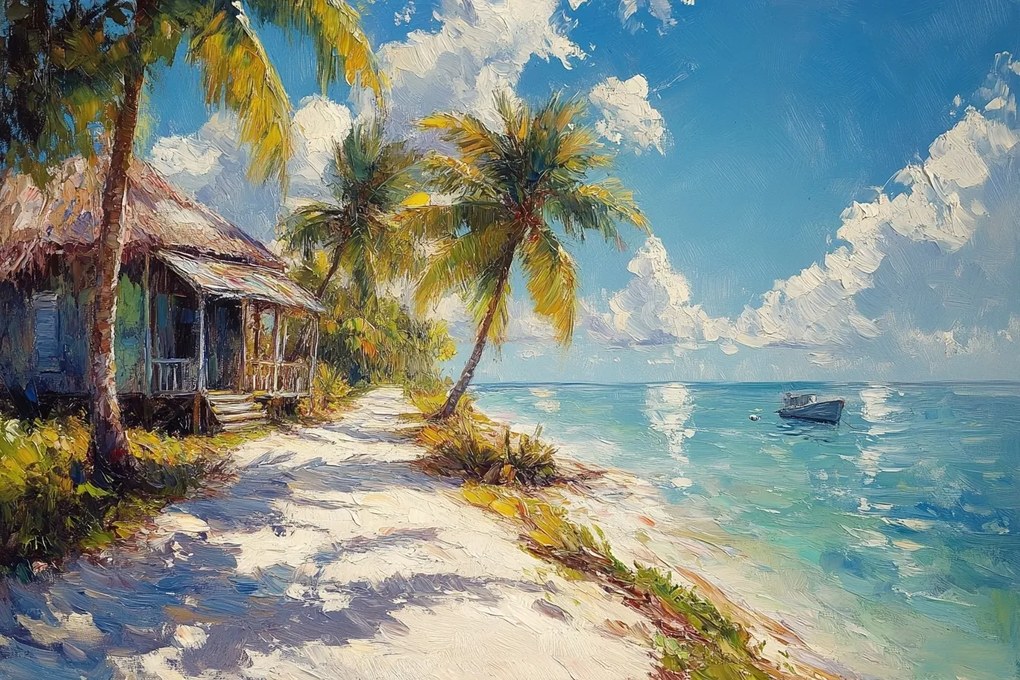 Vászonkép Canvas Tájkép Hawaii Óceán Tengerpart Pálmafák Házikó 120x80