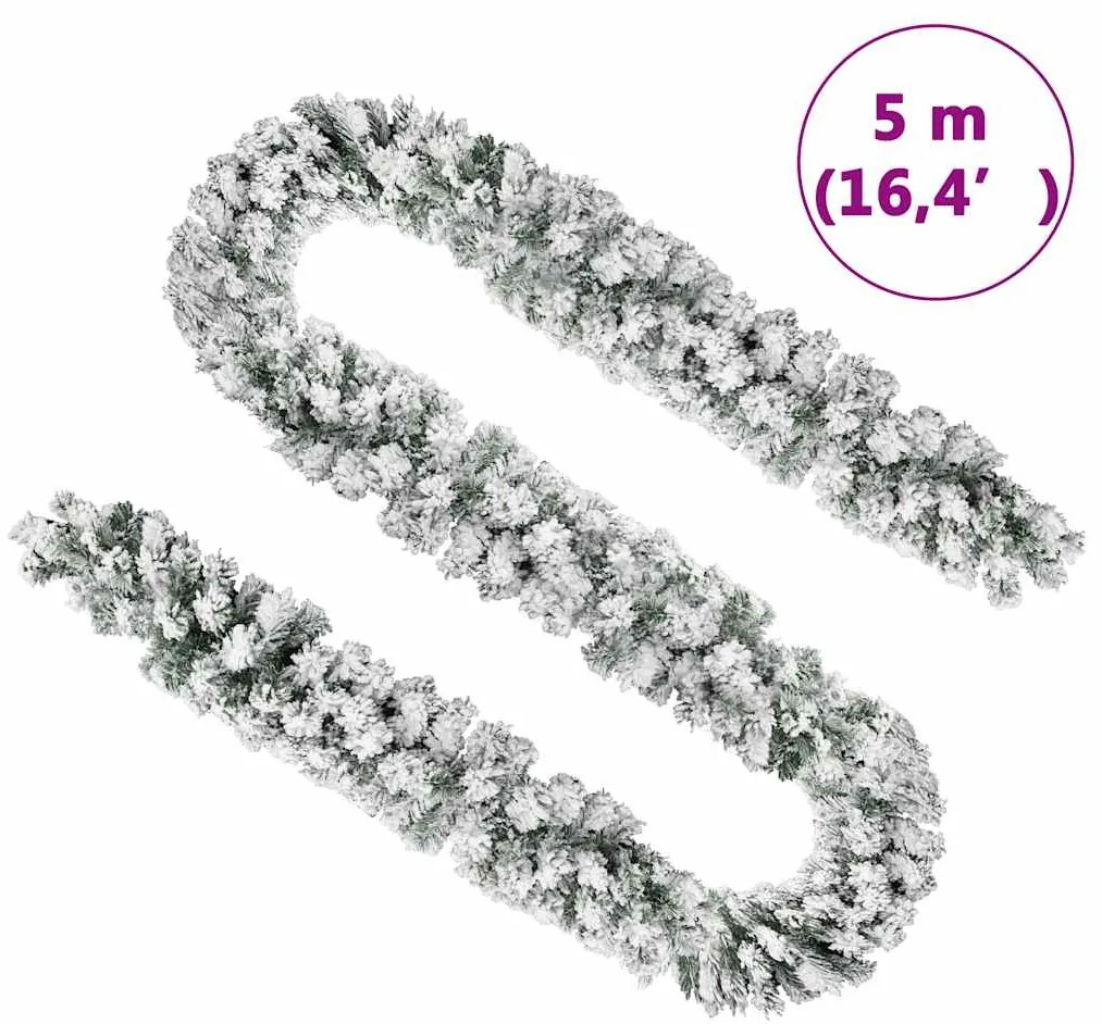 zöld PVC karácsonyi füzér pelyhes hóval 5 m