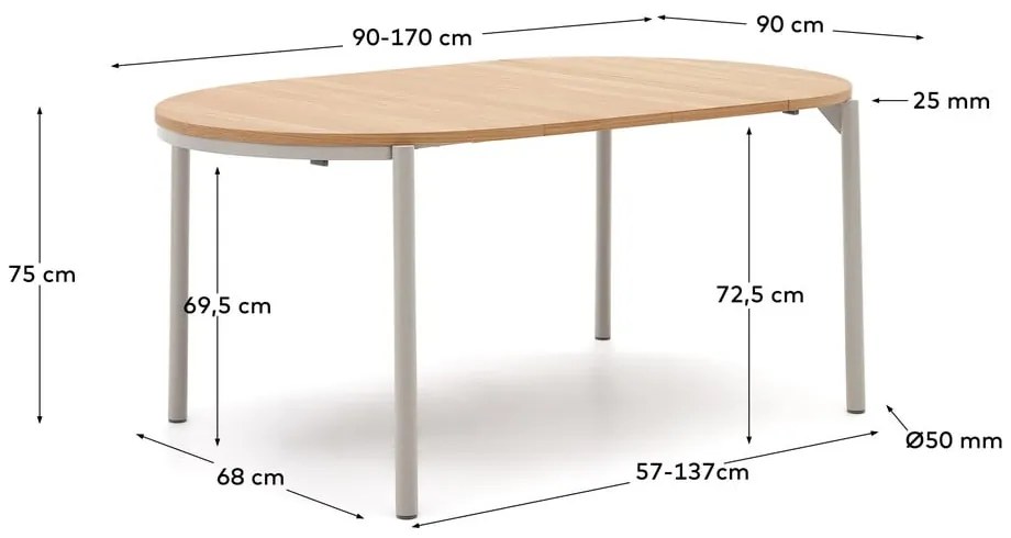Natúr színű kerek bővíthető étkezőasztal tölgyfa dekoros asztallappal ø 90 cm Montuiri – Kave Home