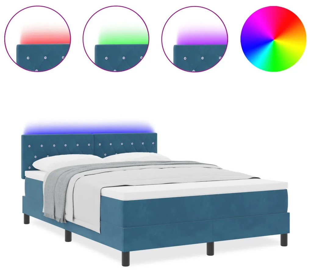 Boxspring Ágy Matrac & LED Sötétkék 140x190 cm Bársonyos