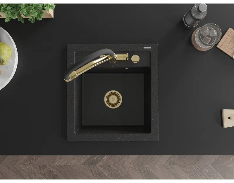 Mexen Vito, 1 kamrás gránit mosogató 520x490x210 mm, Duo mosogató csaptelep, fekete-ezüst metál, 6503-73-671701-57-G