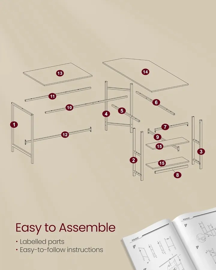 Számítógépasztal, L-alakú sarokasztal, 120 x 130 x 76 cm, rusztikus barna és fekete
