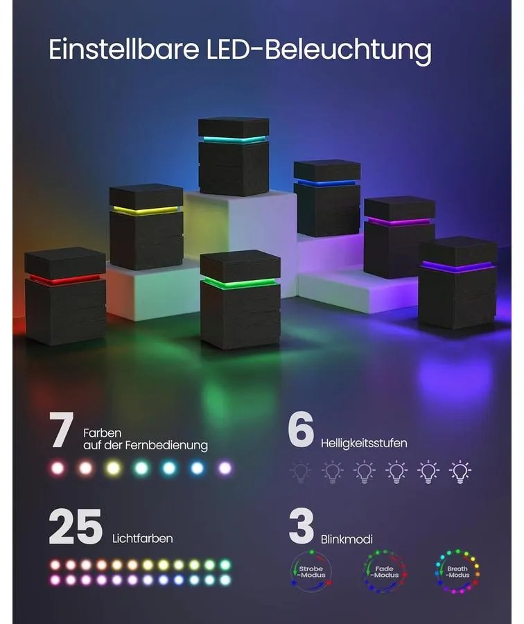 VASAGLE éjjeliszekrény LED világítással, állítható színű fény, 3 fiókos oldalasztal, 35 × 40 × 55 cm, fekete