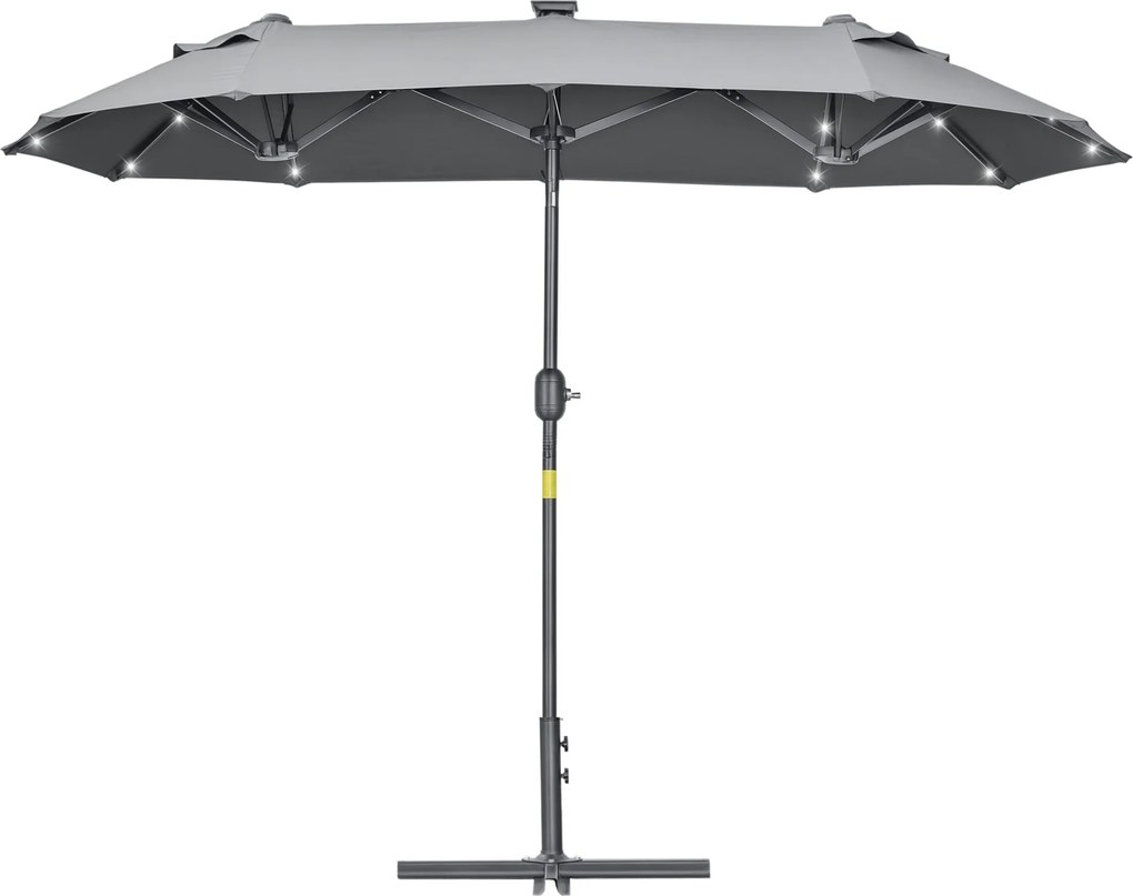 Outsunny Kétkarú Napernyő 295x150x219 cm Napernyő Napenergia LED Lámpákkal, Állítható Dőlésszögű Tető és Manuális Kézi Hajtómű Teraszhoz, Medencéhez,