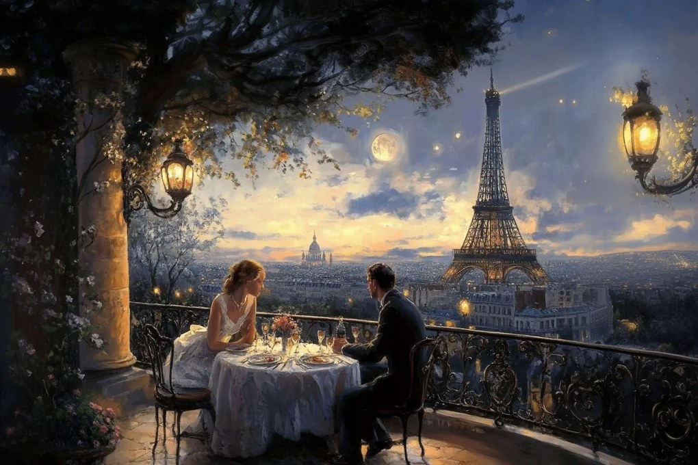 Vászonkép Canvas Párizs Torony Terasz Kilátás Pár Vacsora Este 120x80