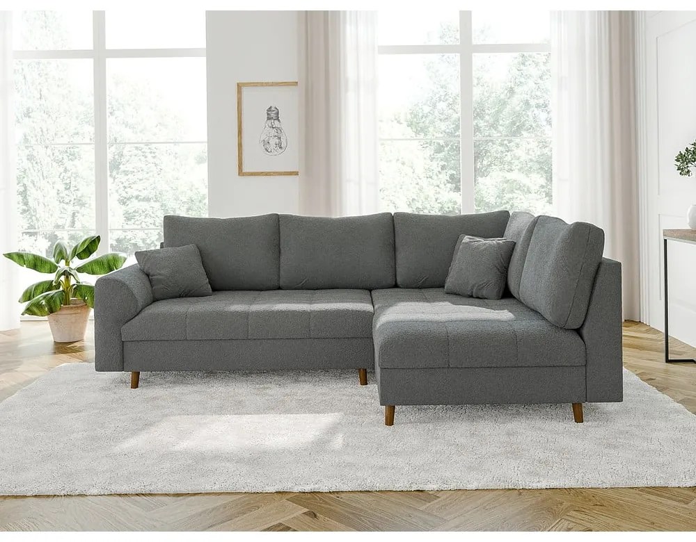 Szürke buklé sarokkanapé (jobb oldali-L alakú) Ariella – Ropez