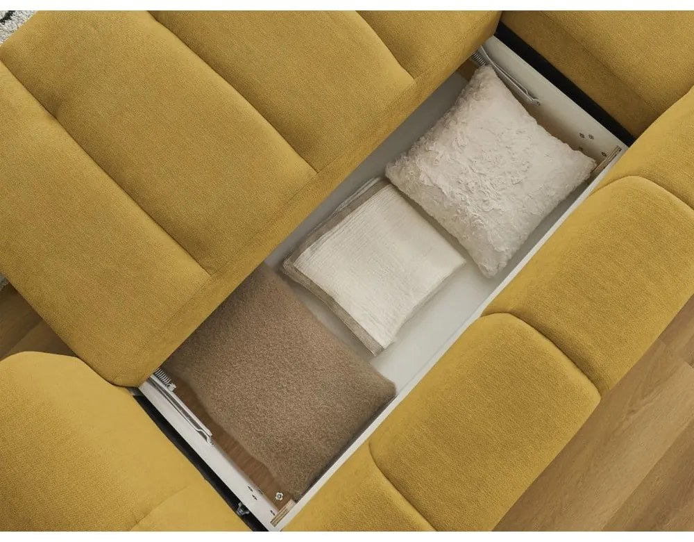 Mustársárga kinyitható-tárolóhelyes sarokkanapé (bal oldali-heverő résszel) Fuji – Bobochic Paris