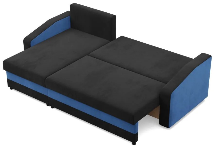 Hewlet sarokkanapé, 2 ágyneműtartóval, szövet anyag, univerzális oldal, hab töltet, fekete - kék