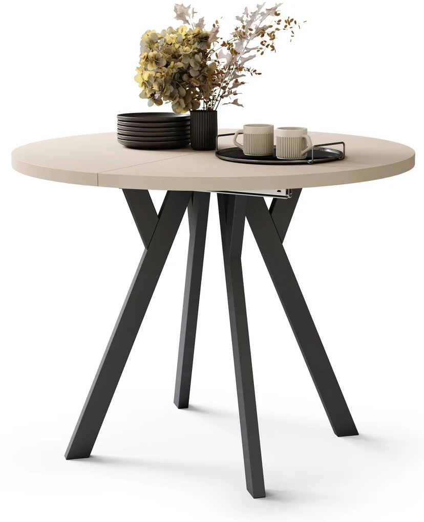 Mazzoni ALMO Bézs/fekete lábak - BŐVÍTHETŐ KEREK ASZTAL Y ALAKÚ LÁBAKKAL LOFT/IPARI STÍLUSÚ NAPPALIBA/ÉTKEZŐBE