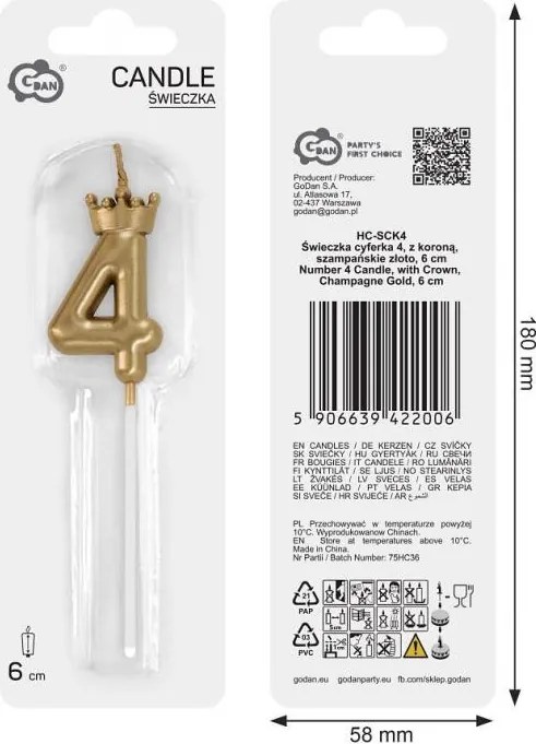 Arany Champagne Crown 4-es számgyertya, tortagyertya 6 cm