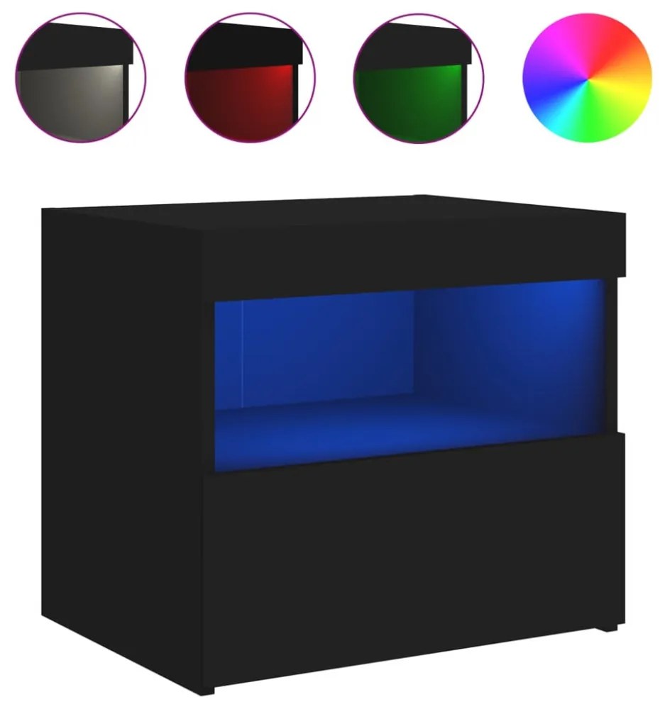 2 db fekete műfa éjjeliszekrény LED-fényekkel 50x40x45 cm