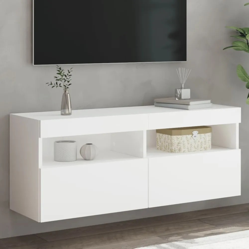 fehér falra szerelhető TV-szekrény LED-lámpákkal 100x30x40 cm