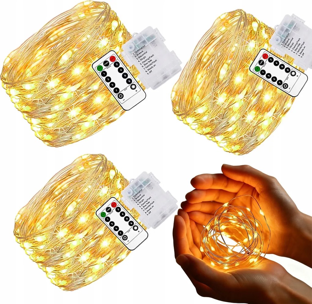 Vezetékes Lámpák 100LED Meleg Fehér Fények Mikro Damil Elemes Fény