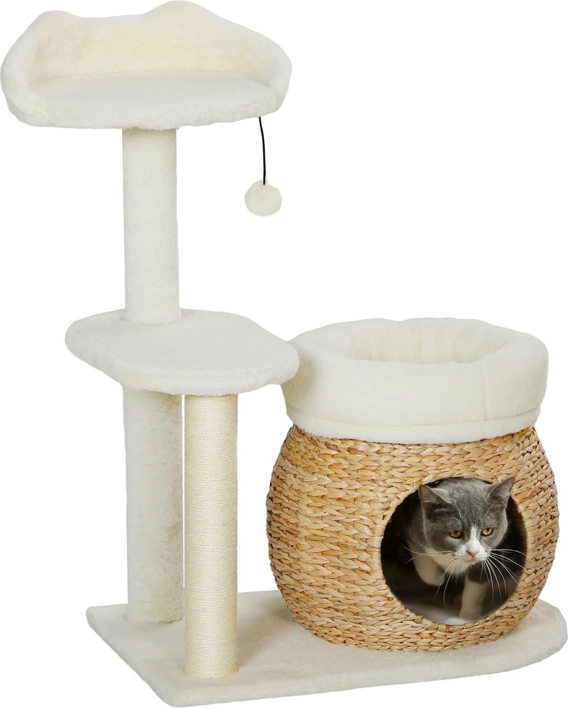 PawHut 79 cm-es Kaparóoszlop Macska Fa Macska Bújóval, Ággyal, Játék Labdákkal, Sisakos Kaparóoszlop, 5 kg-os Macskáknak, Krémfehér | Aosom
