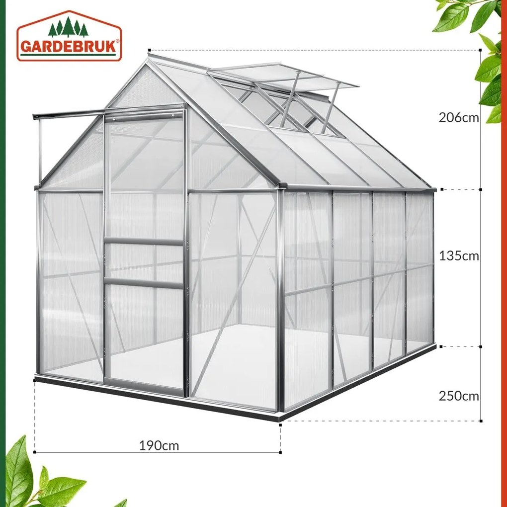 Gardebruk M4 polikarbonát kerti üvegház alappal, 250x190x195cm, átlátszó