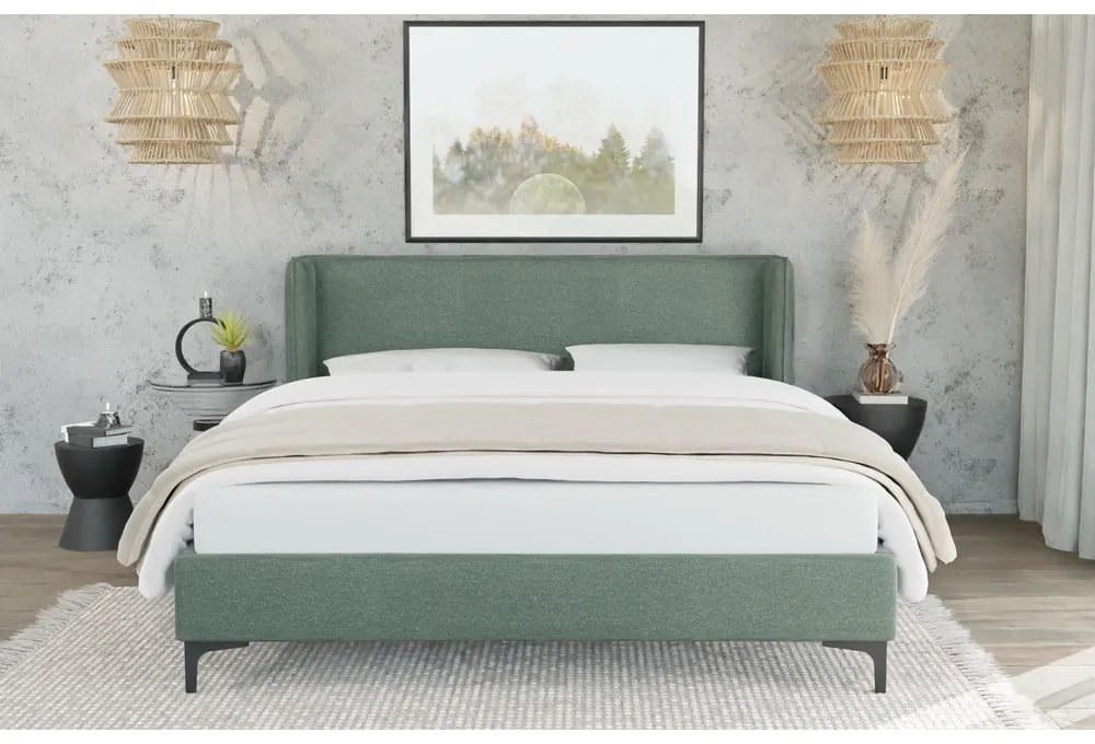 Zöld kárpitozott franciaágy ágyráccsal 180x200 cm Basti – Ropez