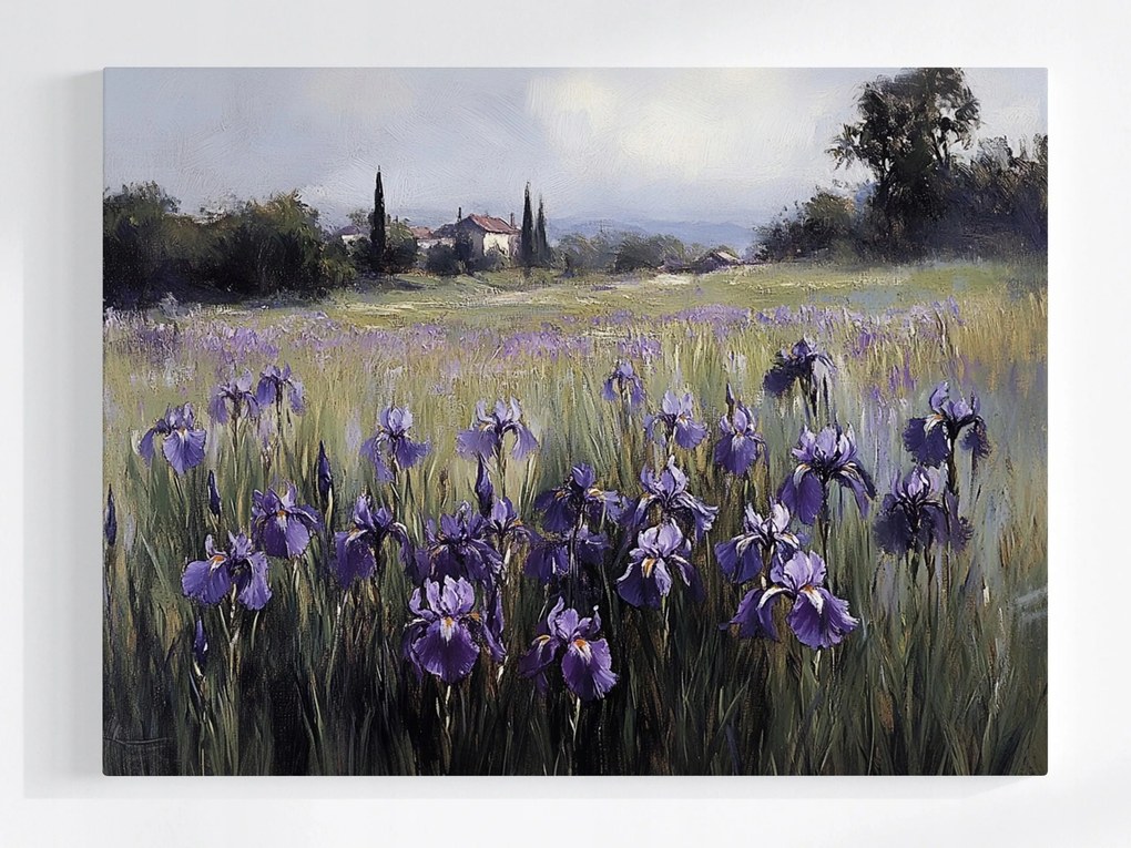 Poszter Tájkép Falu Rét Házak Virágok Íriszek 80x60