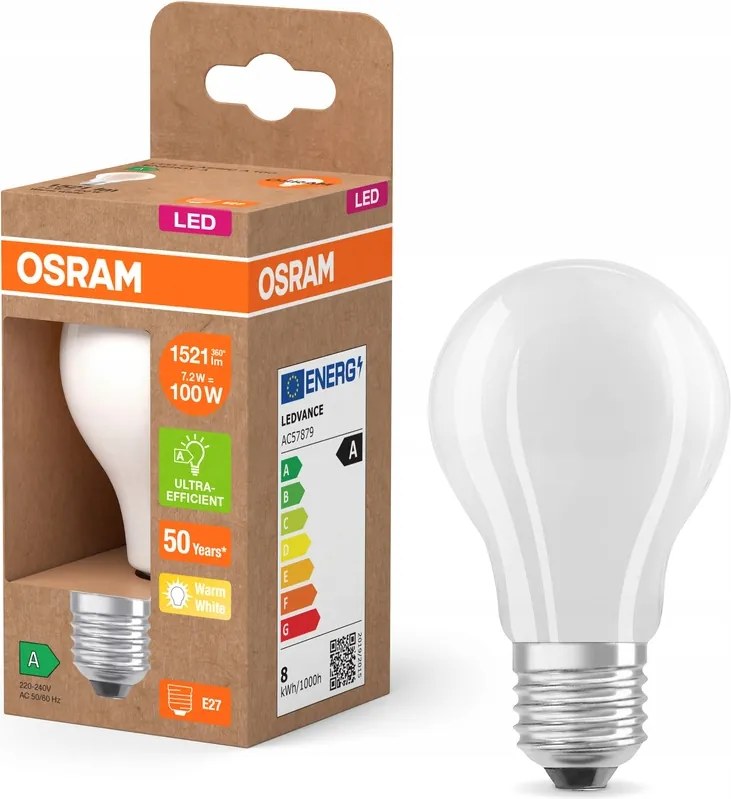 Led izzó A60 E27 7,2W 100W 1521lm 2700K Filament 212lm/W A osztály Osram
