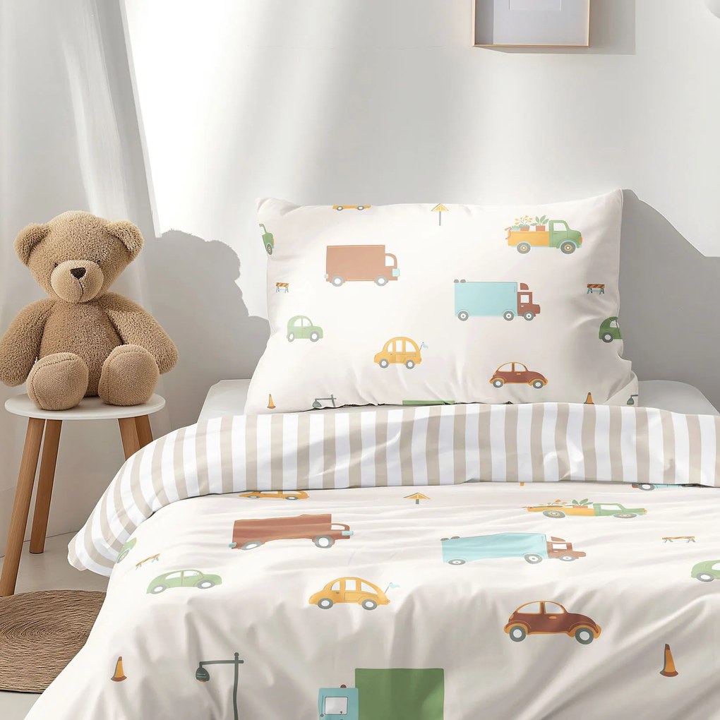Goldea gyermek pamut ágyneműhuzat - az autók világa, latte csíkos hátoldal 150 x 200 és 50 x 60 cm