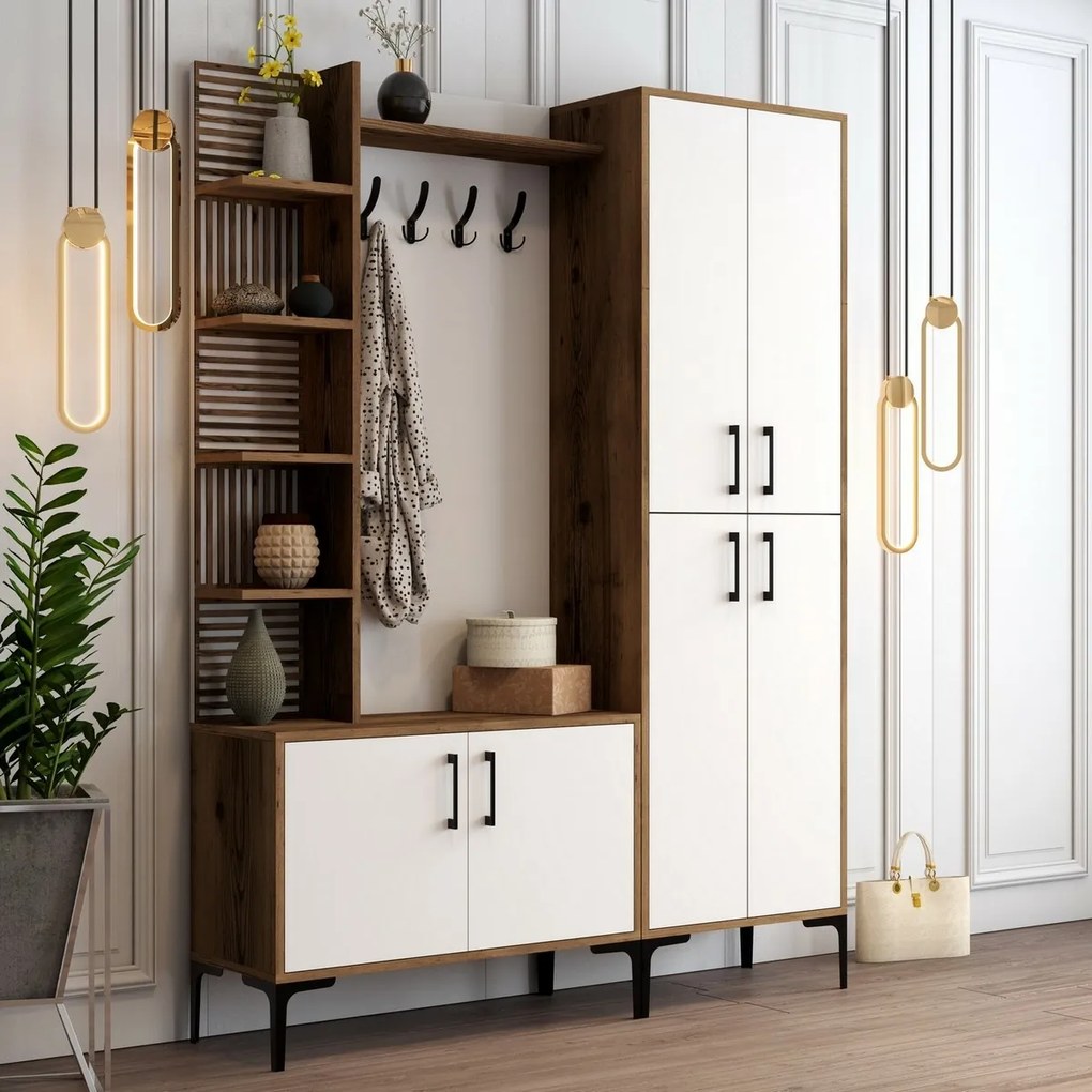 Faliakasztó cipőtartóval, polcokkal és szekrénnyelViyana Walnut and White