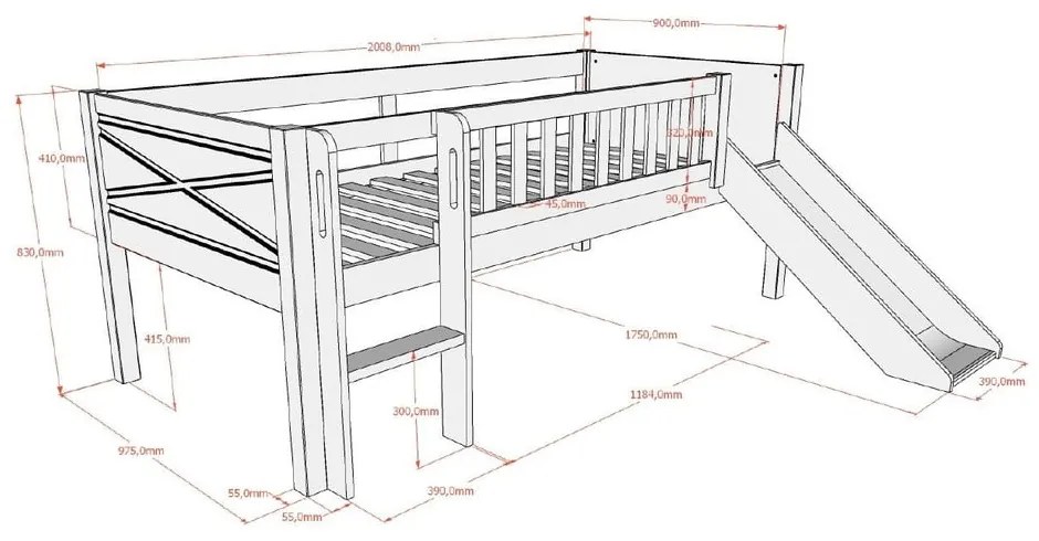 Fehér borovi fenyő galéria gyerekágy ágyráccsal 90x200 cm Scott – Vipack
