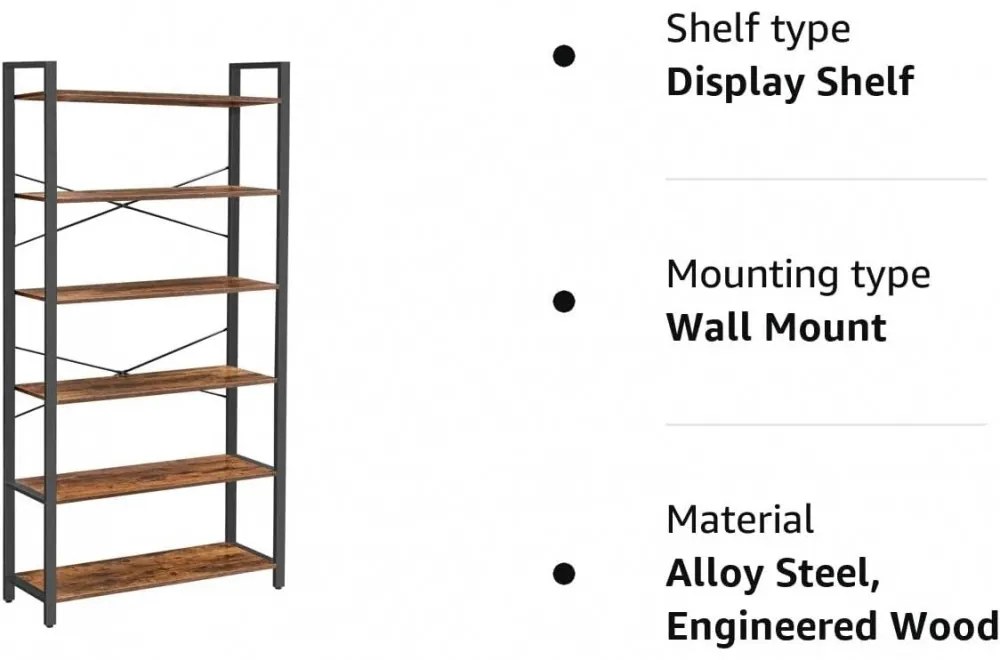 Könyvespolc, álló polc, 6 szintes, rusztikus barna 80x30x186cm