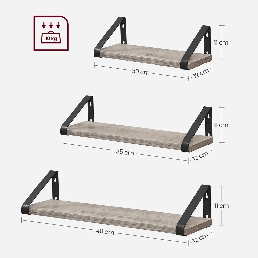 3 darabos lebegő polc szett, szürke és fekete 30/35/40 cm