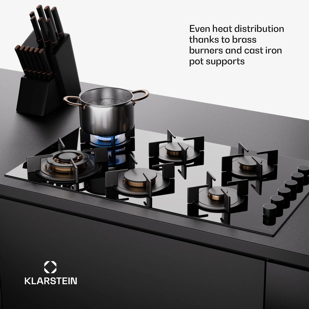 Klarstein Goldflame 6, gáz főzőlap, önálló, 6 égő, oldalsó vezérlés, gáz/propán, üvegkerámia, fekete