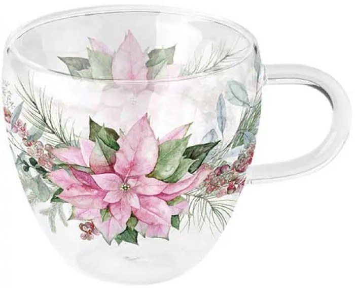 Karácsonyi duplafalú borosilicate üveg csésze Rózsaszín Mikulásvirág