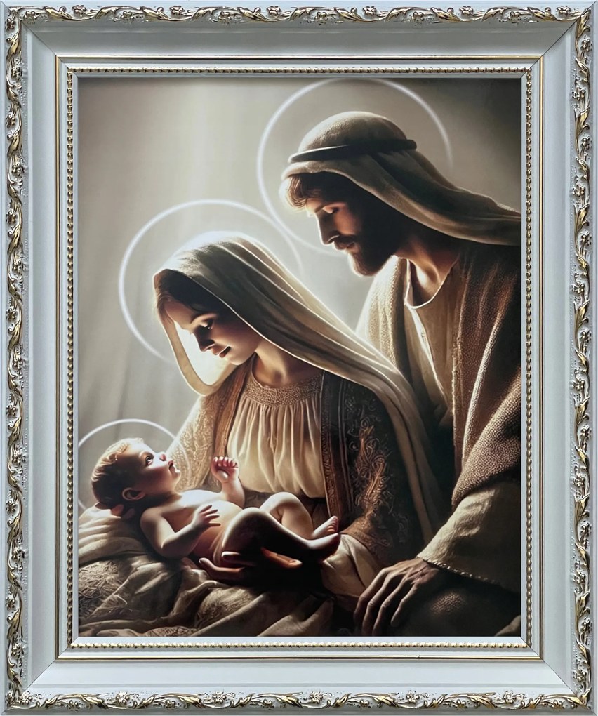Vászonkép 31x26 Szent Család Jézus Krisztus József Mária Fehér Díszített Keret